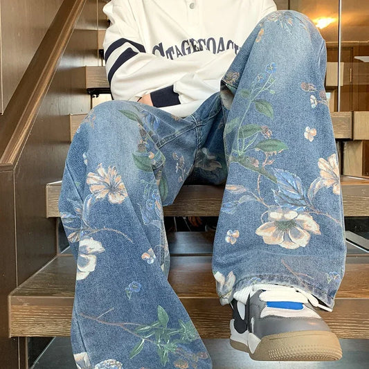 Men Floral Print Wide-Leg Jeans