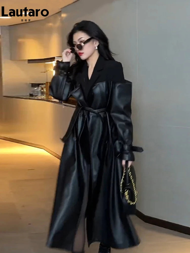 Women Faux Leather Blazer/Trench Coat