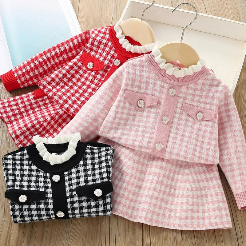 Child Gingham Knit Sweater + Skirt Set