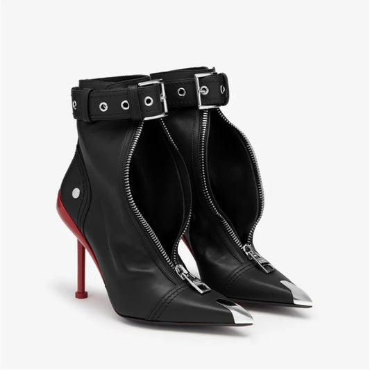 Women Leather Belt Buckle Zip-Front Ankle Boots