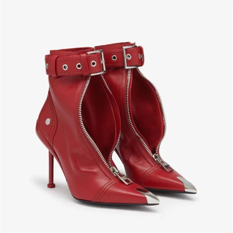Women Leather Belt Buckle Zip-Front Ankle Boots