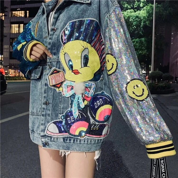Women Character Embellished Denim + Sequin Jacket