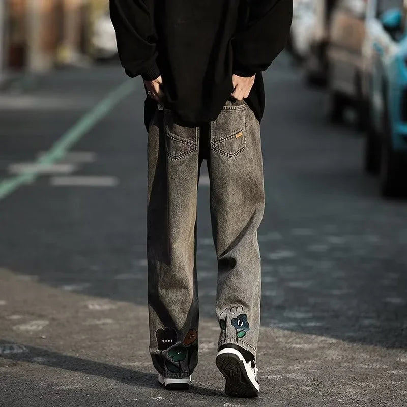 Men Flower Print Wide Leg Jeans