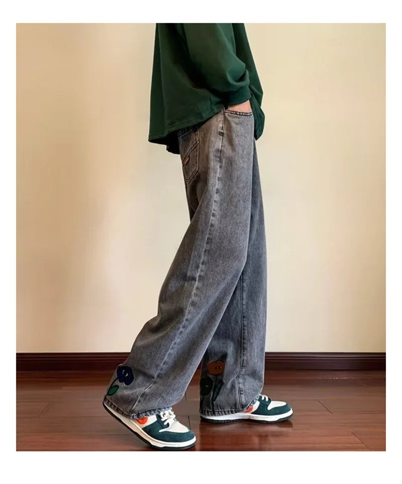 Men Flower Print Wide Leg Jeans