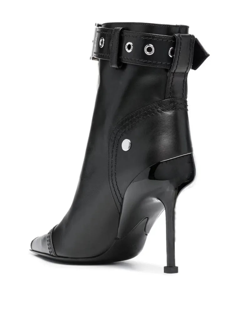 Women Leather Belt Buckle Zip-Front Ankle Boots