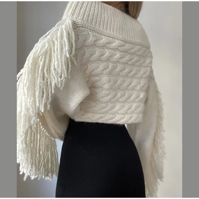Women Off Shoulder Cable Knit Fringe Sweater