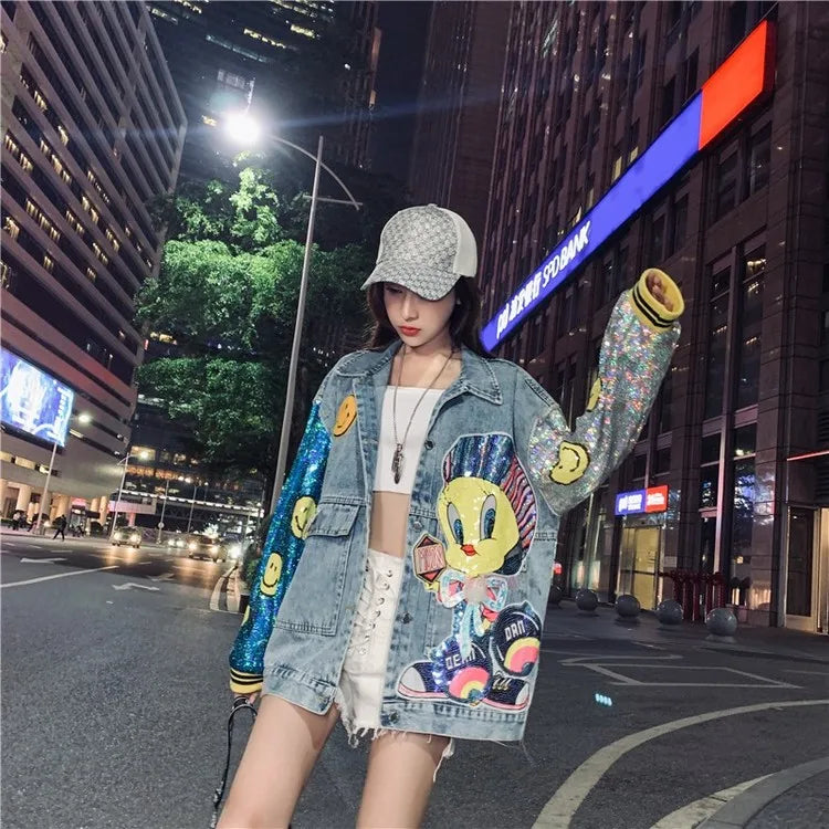 Women Character Embellished Denim + Sequin Jacket