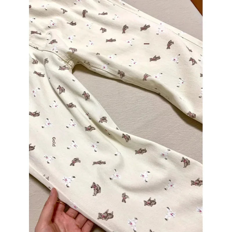 Women's High-waisted Bear Print Denim Trousers