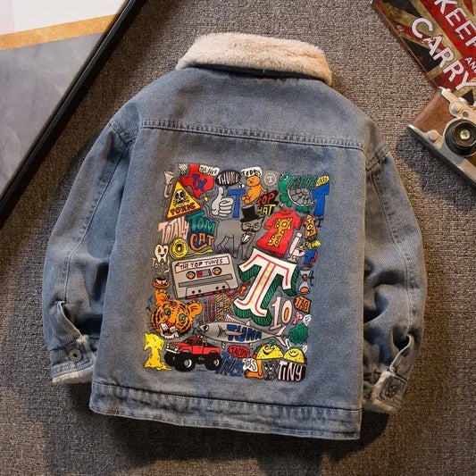 Child Fleece Lined Printed Patch Denim Jacket