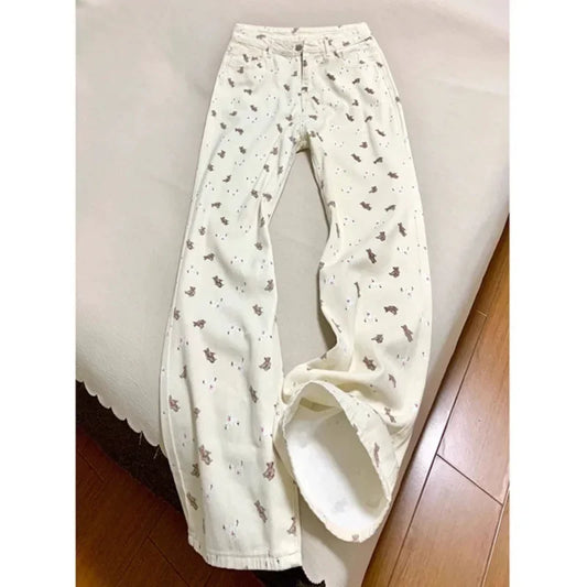 Women's High-waisted Bear Print Denim Trousers