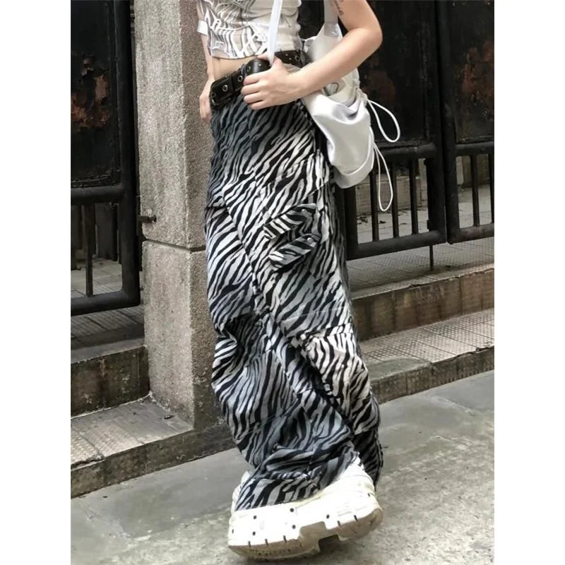 Women Zebra Print Wide Leg Denim Trouser