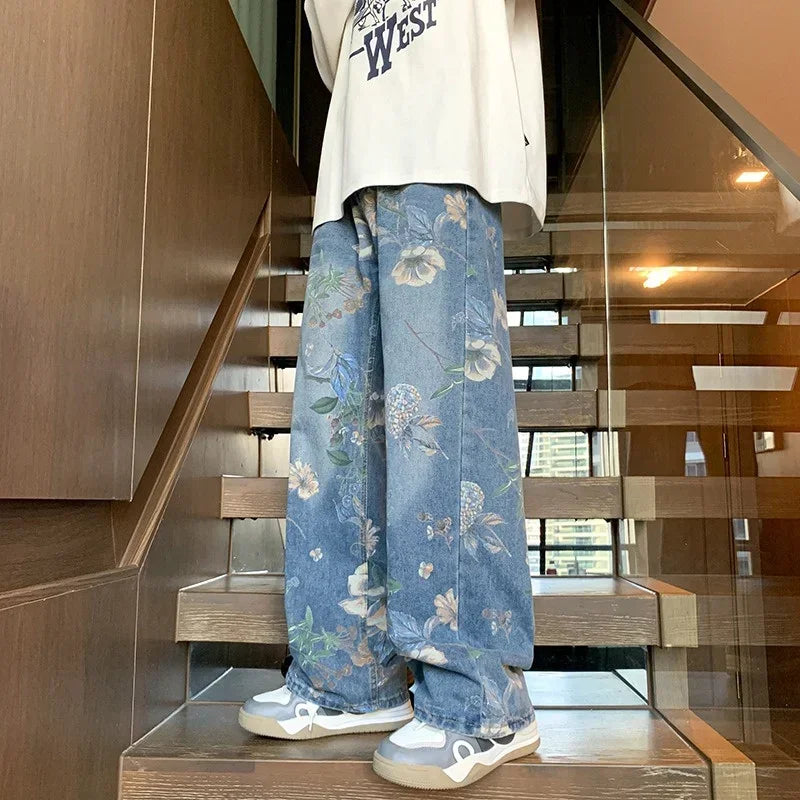 Men Floral Print Wide-Leg Jeans