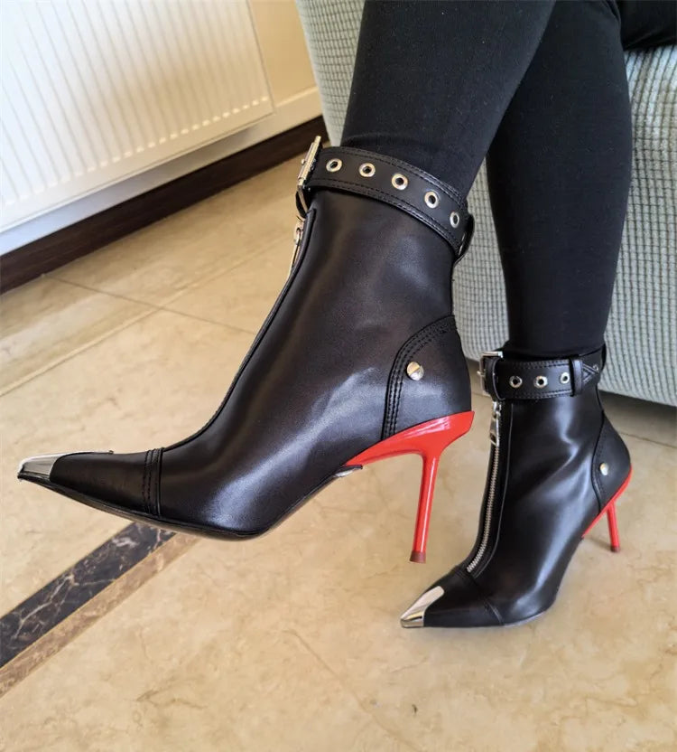 Women Leather Belt Buckle Zip-Front Ankle Boots