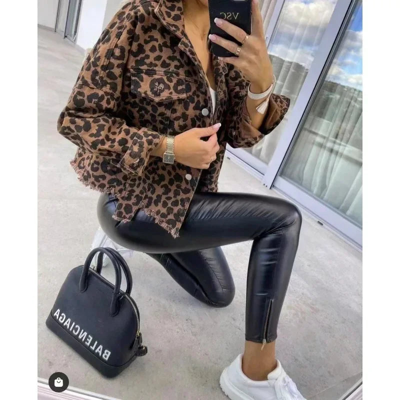 Women Leopard Print Denim Jacket