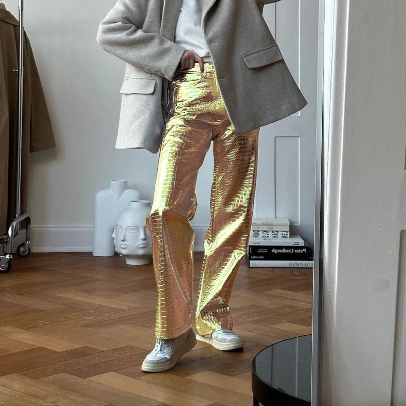 Women Faux Leather Metallic Wide Leg Pants