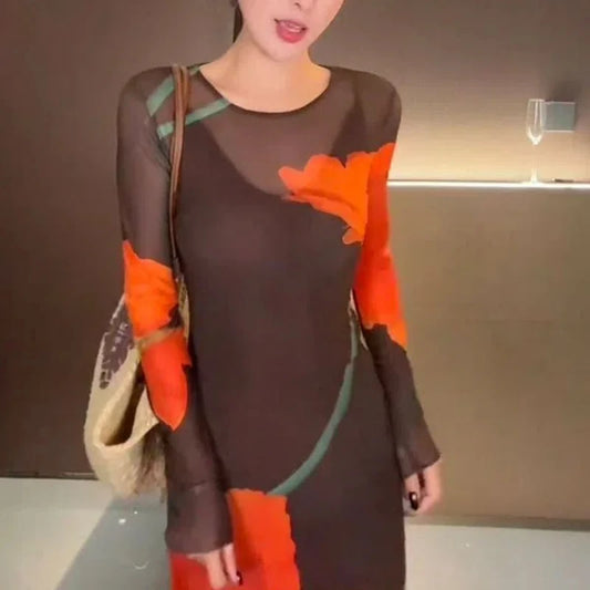 Women Long Sleeve Mesh Floral Print Dress