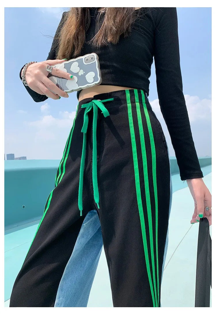 Women Sport Stripe/ Denim High Waist Wide Leg Pants