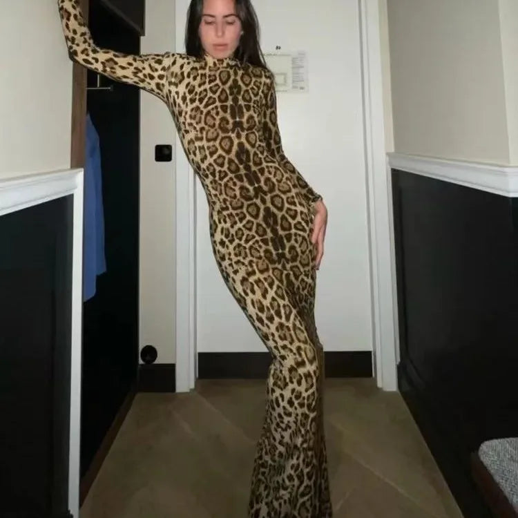 Women Long Sleeve Leopard Print Dress