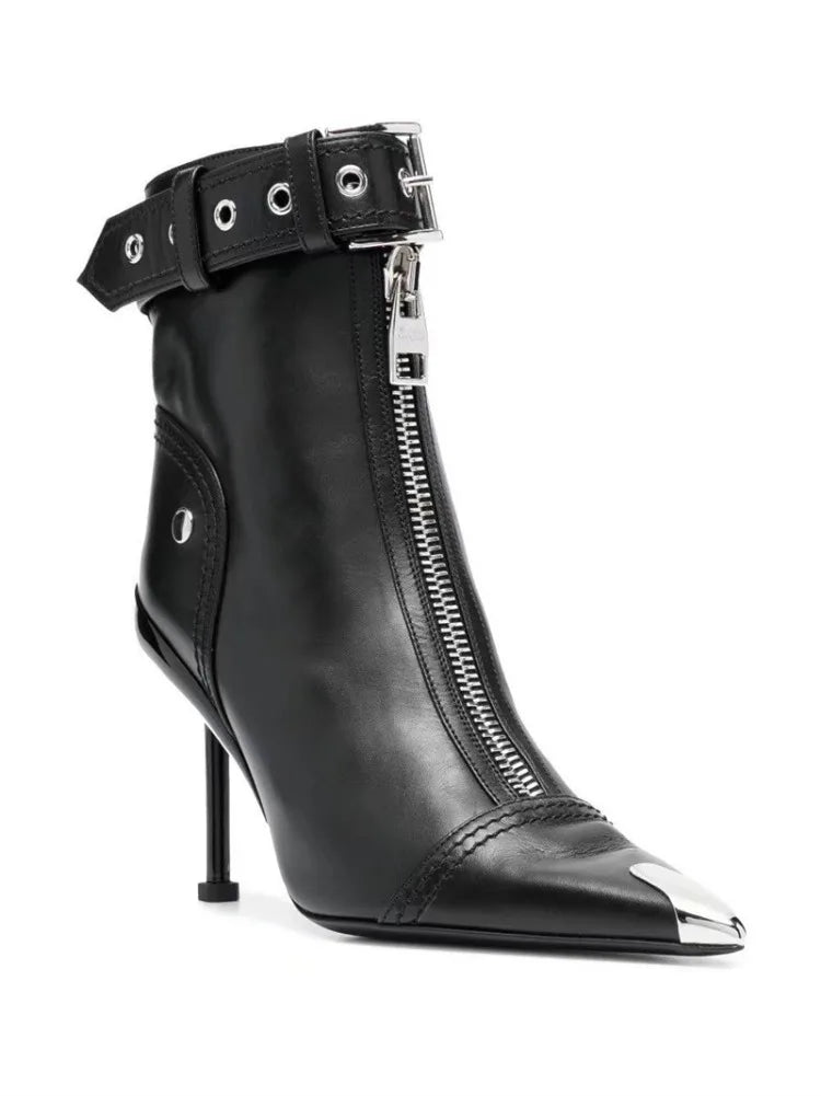Women Leather Belt Buckle Zip-Front Ankle Boots