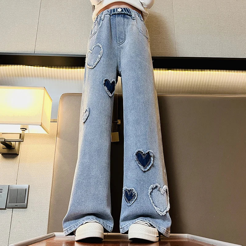 Child Wide Leg Embroidered Heart Denim