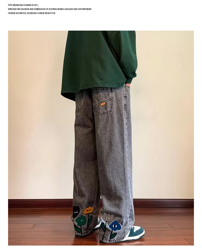 Men Flower Print Wide Leg Jeans