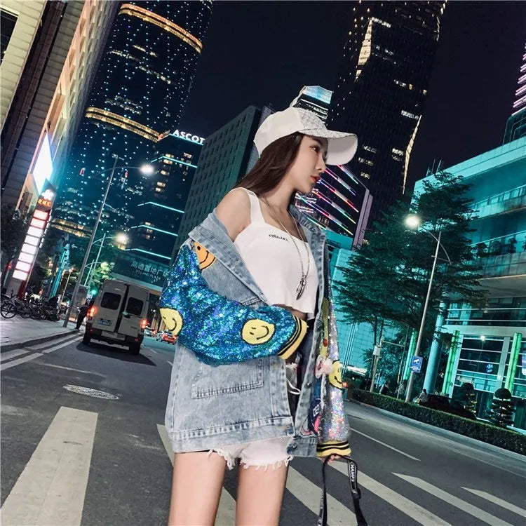 Women Character Embellished Denim + Sequin Jacket