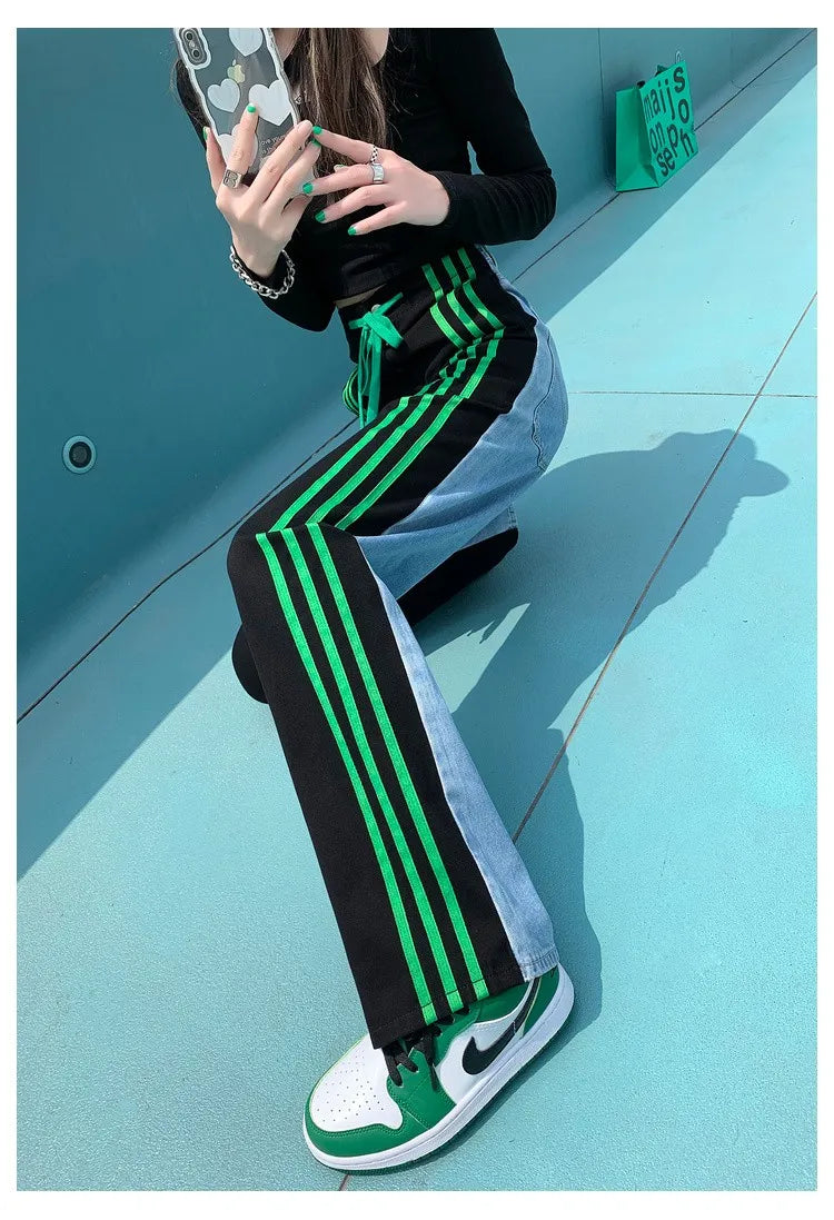 Women Sport Stripe/ Denim High Waist Wide Leg Pants
