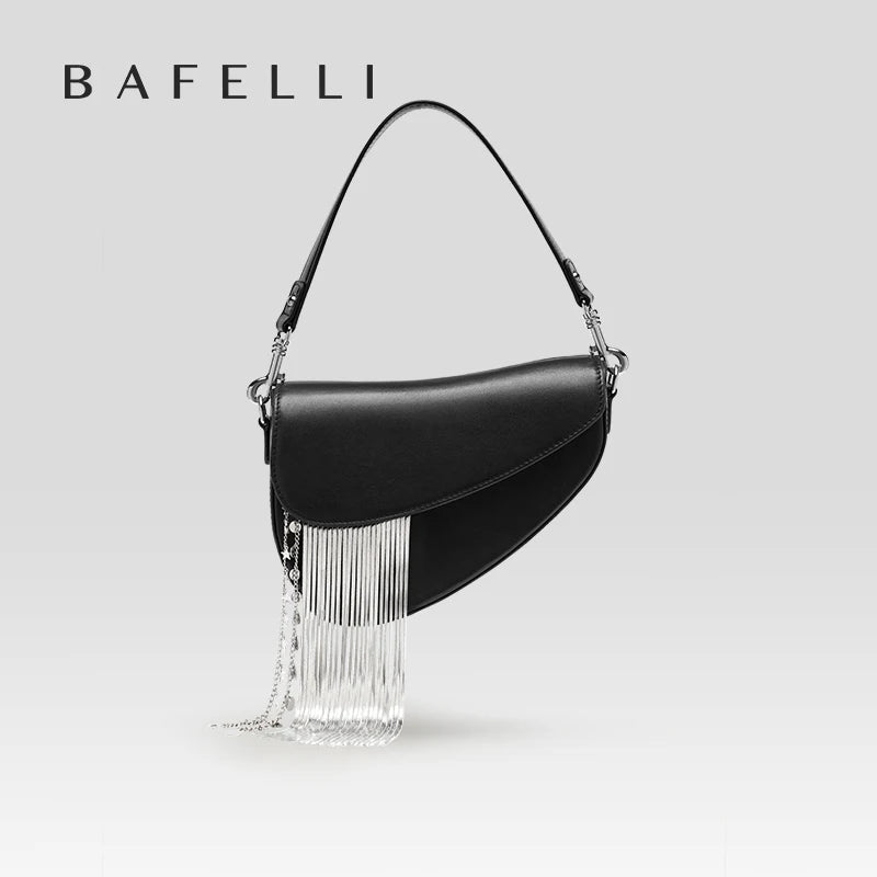 Women Leather Saddle Bag + Chain Fringe