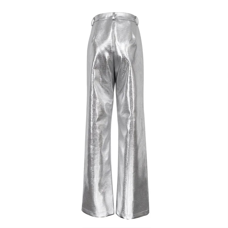 Women Faux Leather Metallic Wide Leg Pants