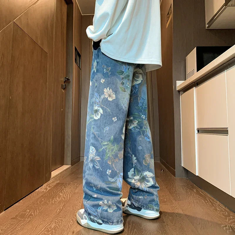 Men Floral Print Wide-Leg Jeans