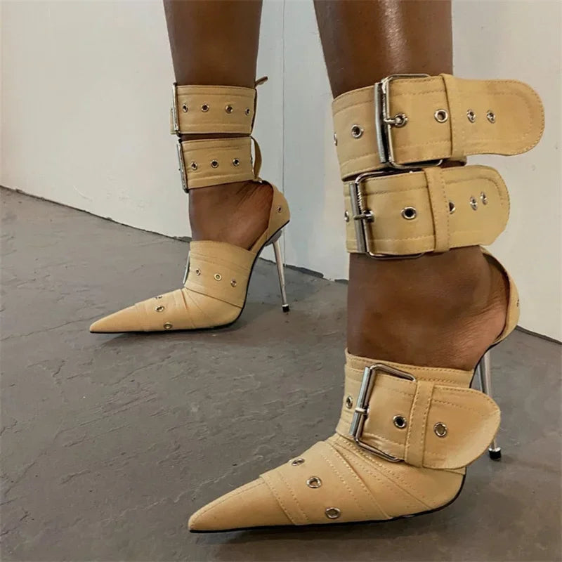 Women Metallic Buckle Stilettos