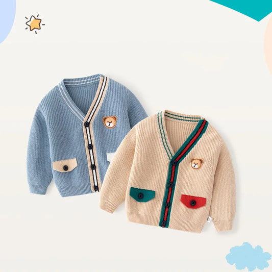 Child Bear Embroidered Preppy Cardigan