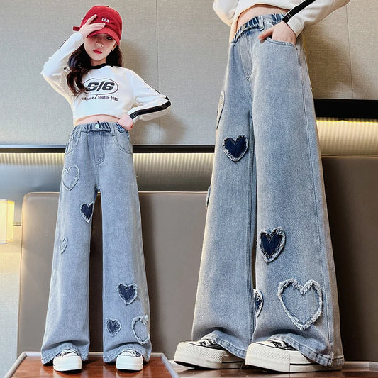 Child Wide Leg Embroidered Heart Denim