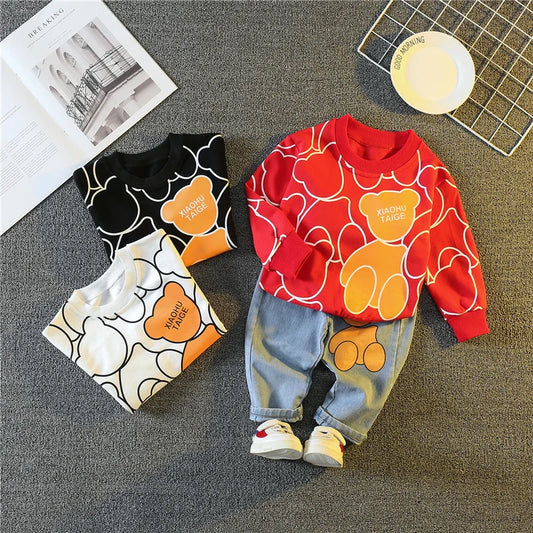 Child Bear Print Sweatshirt + Denim Set