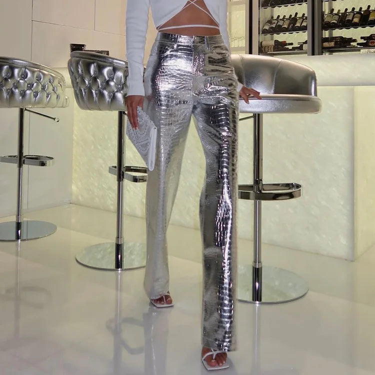 Women Faux Leather Metallic Wide Leg Pants