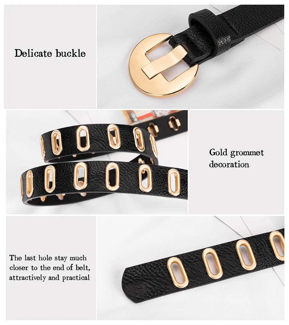 Women Black + Gold Faux Leather Belt 