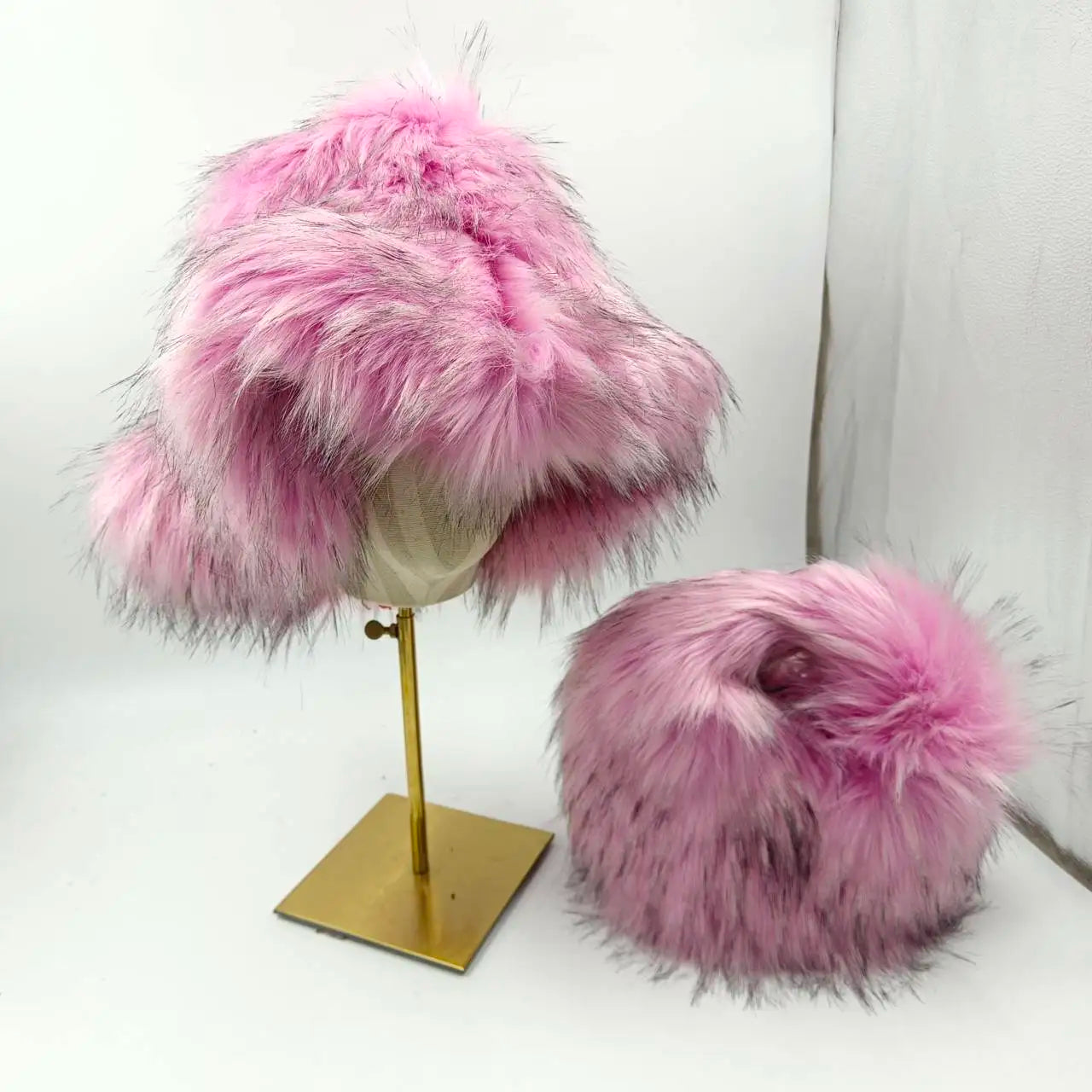 Women Faux Fur Bucket Hat + Handbag