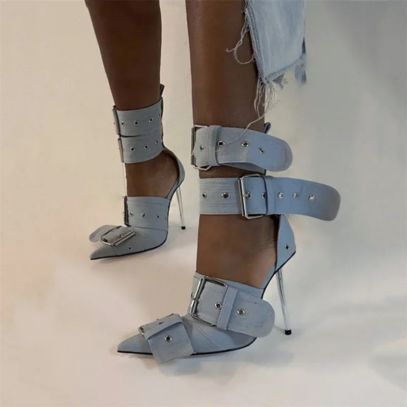 Women Metallic Buckle Stilettos