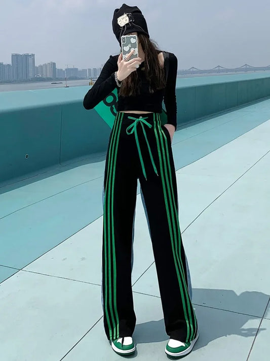 Women Sport Stripe/ Denim High Waist Wide Leg Pants
